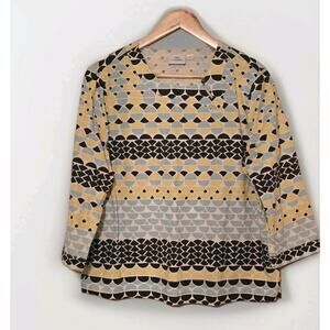 Hot Cotton 3Q Sleeve Black Yellow Linen Cotton Blouse Large Casual Resort Wear